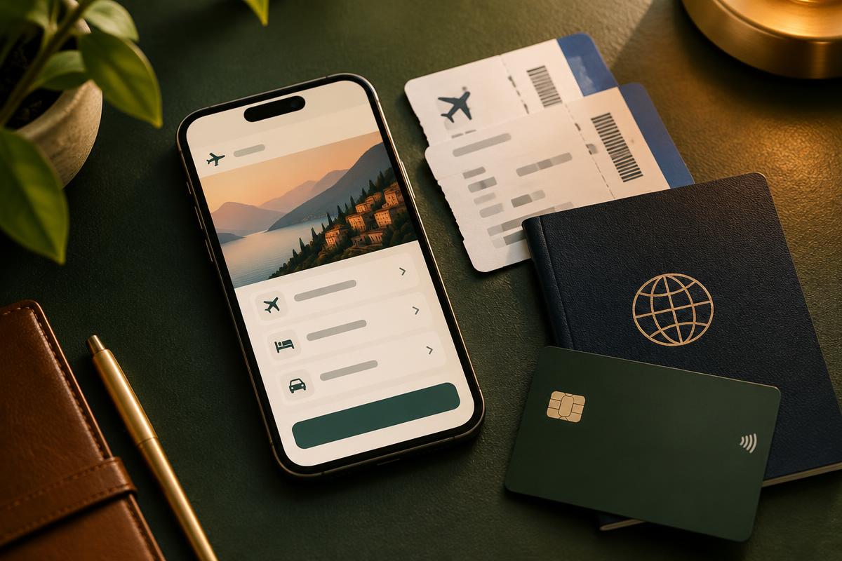 Phone, paper tickets and passport on a dark green desk
