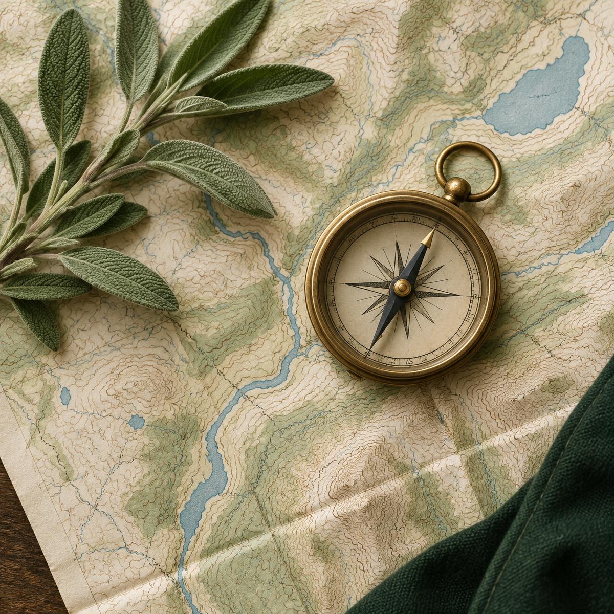 Brass compass resting on a topographic map beside sage leaves